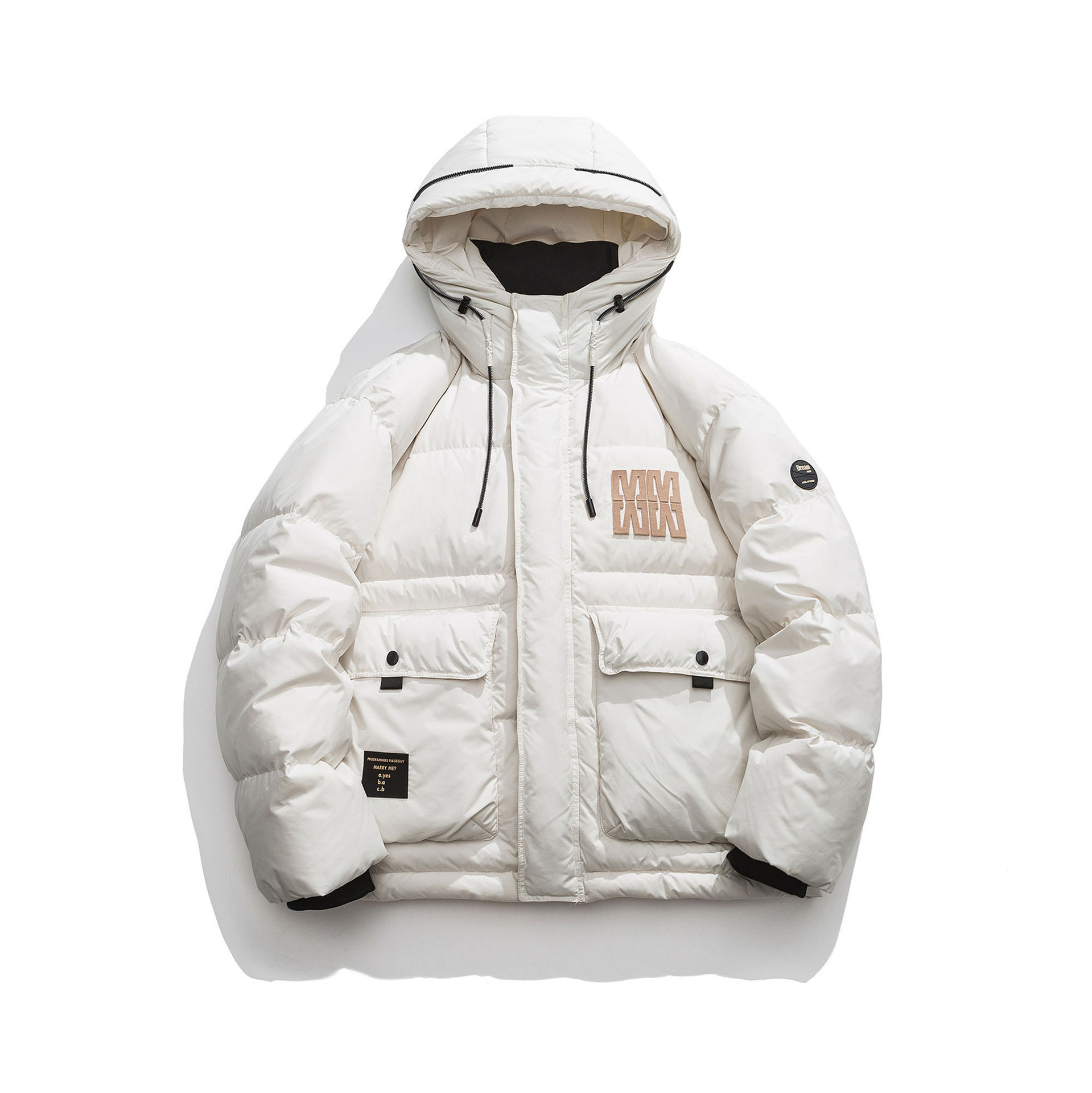 GorgeousBen  Unisex American high-street letter patch workwear down jacket , thickened for winter, trendy hooded outerwear for couples.