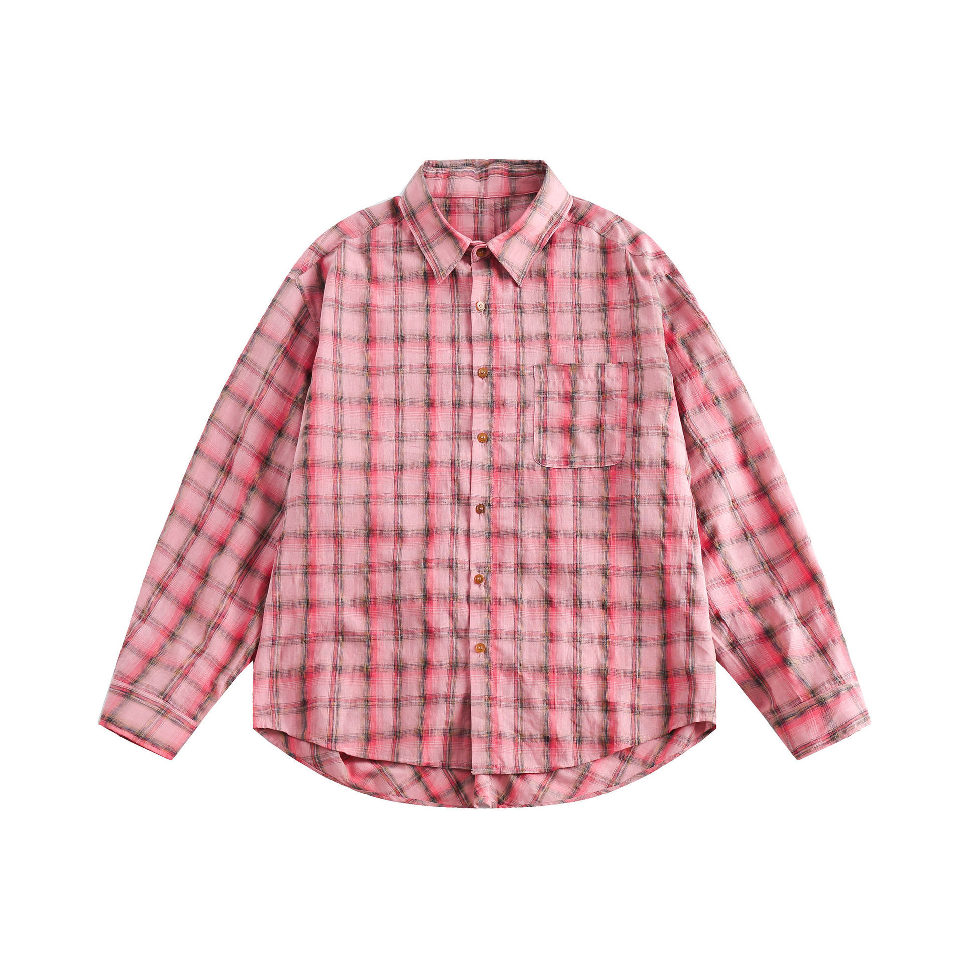 GorgeousBen   Unisex 2024 new American style pleated plaid long-sleeved shirt for men, loose and casual design sense shirt jacket for spring.