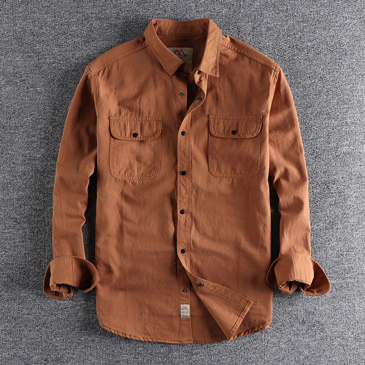 GorgeousBen  Men's American-style work shirt, double pocket shirt,  tough guy military green wind casual retro shirt.