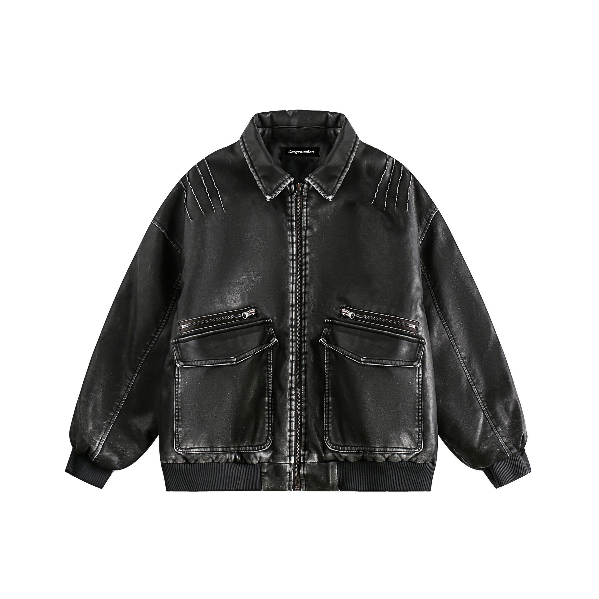 GrogeousBen  Unisex  Winter dark black retro old leather jacket cotton jacket men loose wild the trend long sleeve jacket