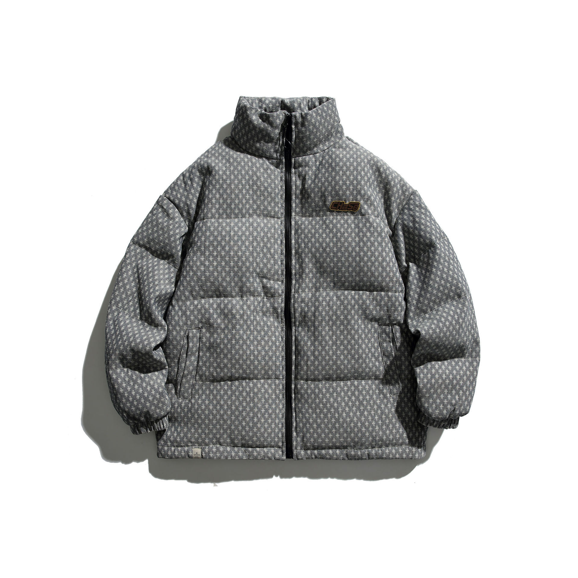 GrogeousBen  Unisex Casual versatile stand-up collar houndstooth pattern winter warm cotton jacket, trendy college style retro  bread coat.