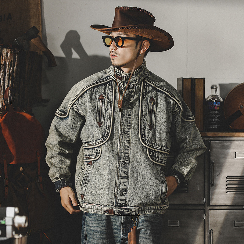 GorgeousBen  Men's washed denim jacket, winter American classic retro loose trend handsome motorcycle jacket.