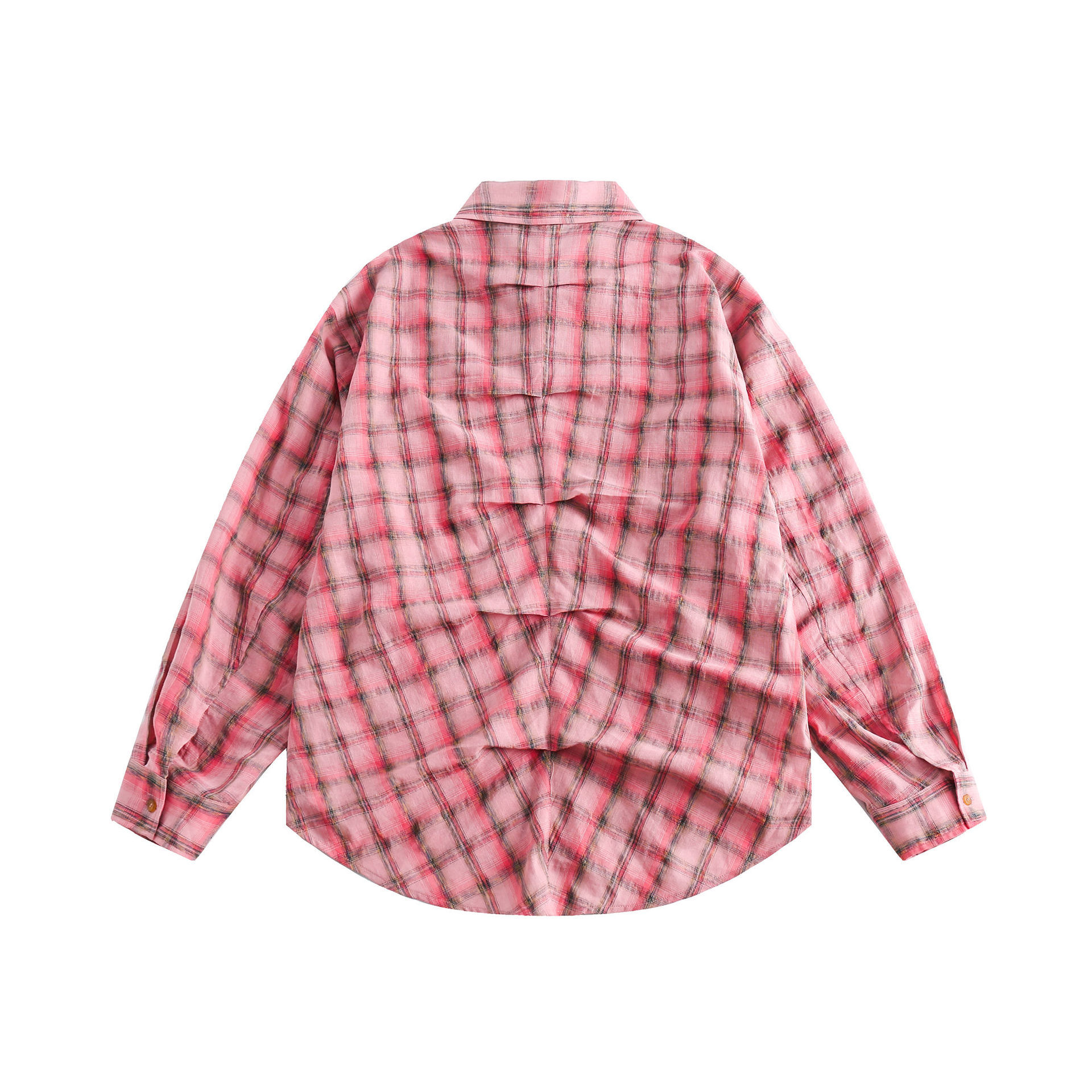 GorgeousBen   Unisex 2024 new American style pleated plaid long-sleeved shirt for men, loose and casual design sense shirt jacket for spring.