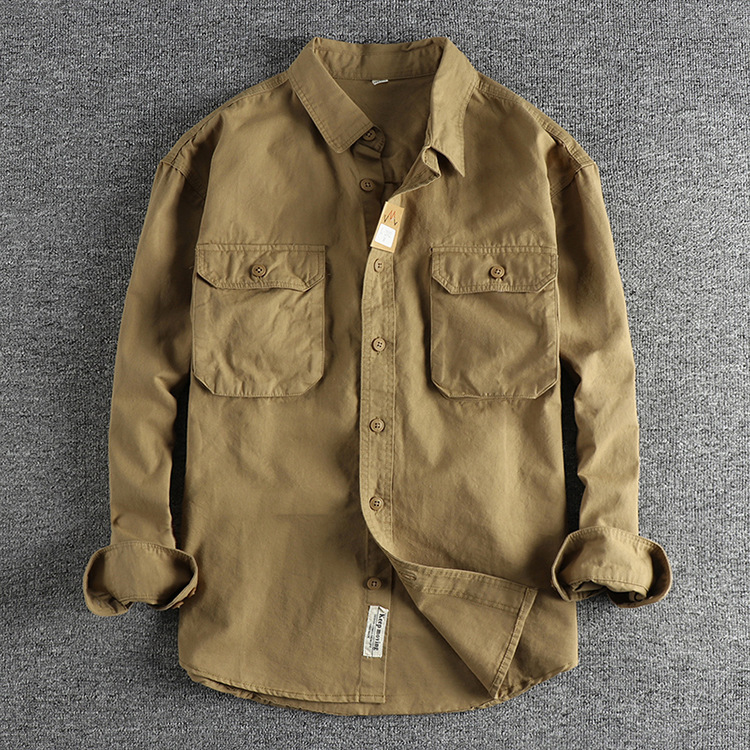 GorgeousBen  Men's 3D pocket design, simple and retro workwear long-sleeved shirt Solid color trendy casual youth shirt.