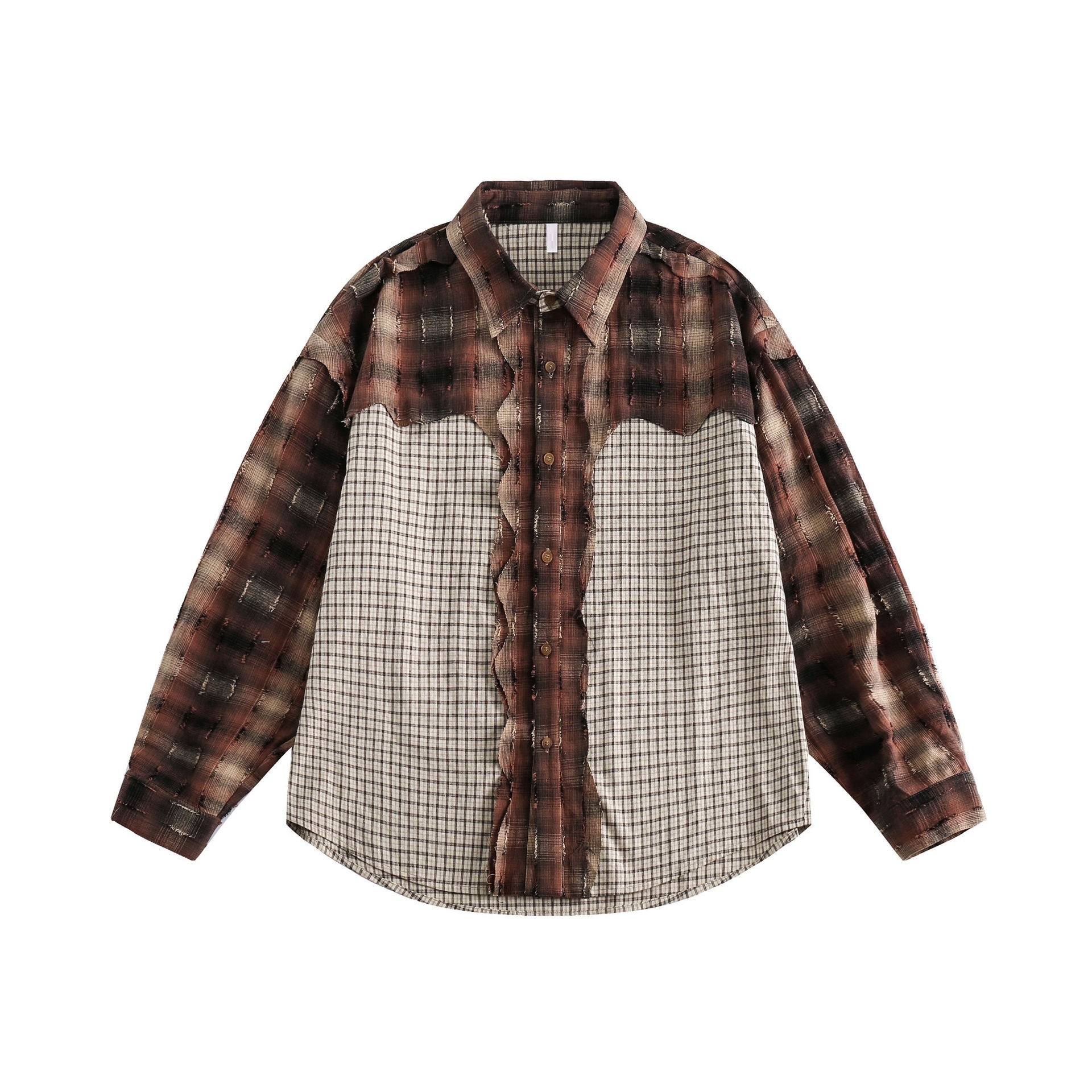 GorgeousBen  Unisex 2024 Spring new color-blocked, frayed edge, patchwork lapel shirt for men, retro loose top.