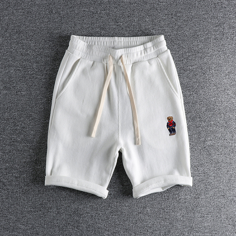 GrogeousBen Men's Summer Casual Embroidered bear wash waffle shorts men