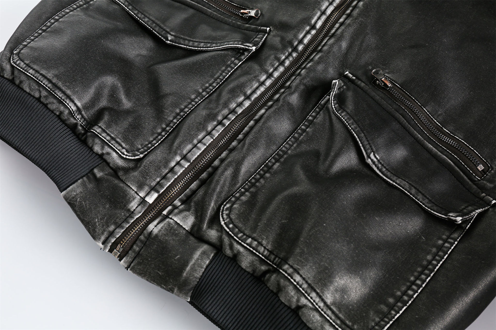 GrogeousBen  Unisex  Winter dark black retro old leather jacket cotton jacket men loose wild the trend long sleeve jacket