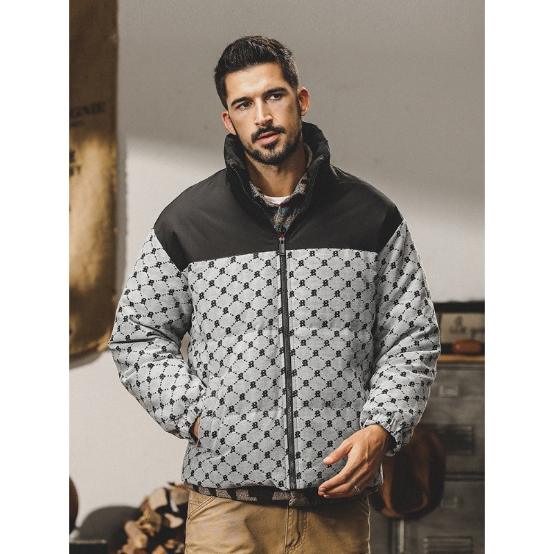 GorgeousBen  Men's American-style jacquard plaid down jacket for men in winter, loose and trendy with contrasting colors and high-end feel, thickened coat.