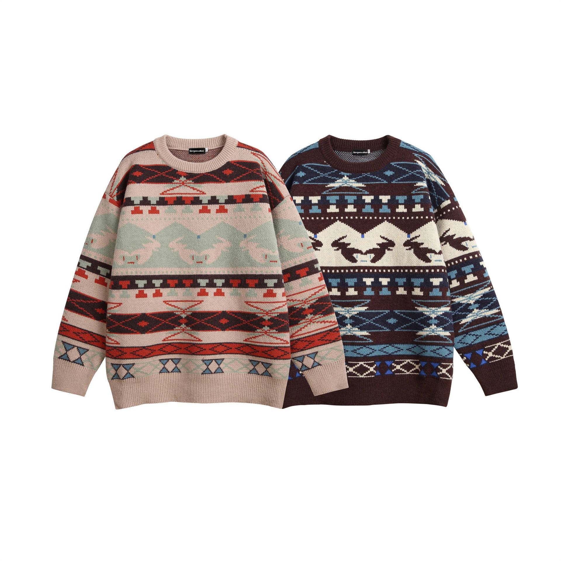 GorgeousBen  Unisex Autumn and winter American style trendy ethnic long-sleeved sweater for men, city boy pullover knitwear, college style top for men.