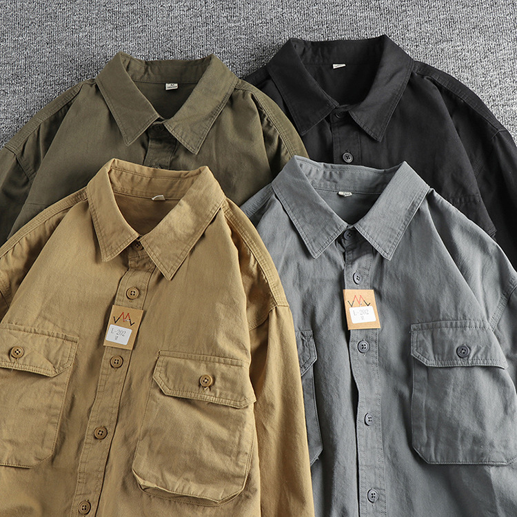 GorgeousBen  Men's 3D pocket design, simple and retro workwear long-sleeved shirt Solid color trendy casual youth shirt.