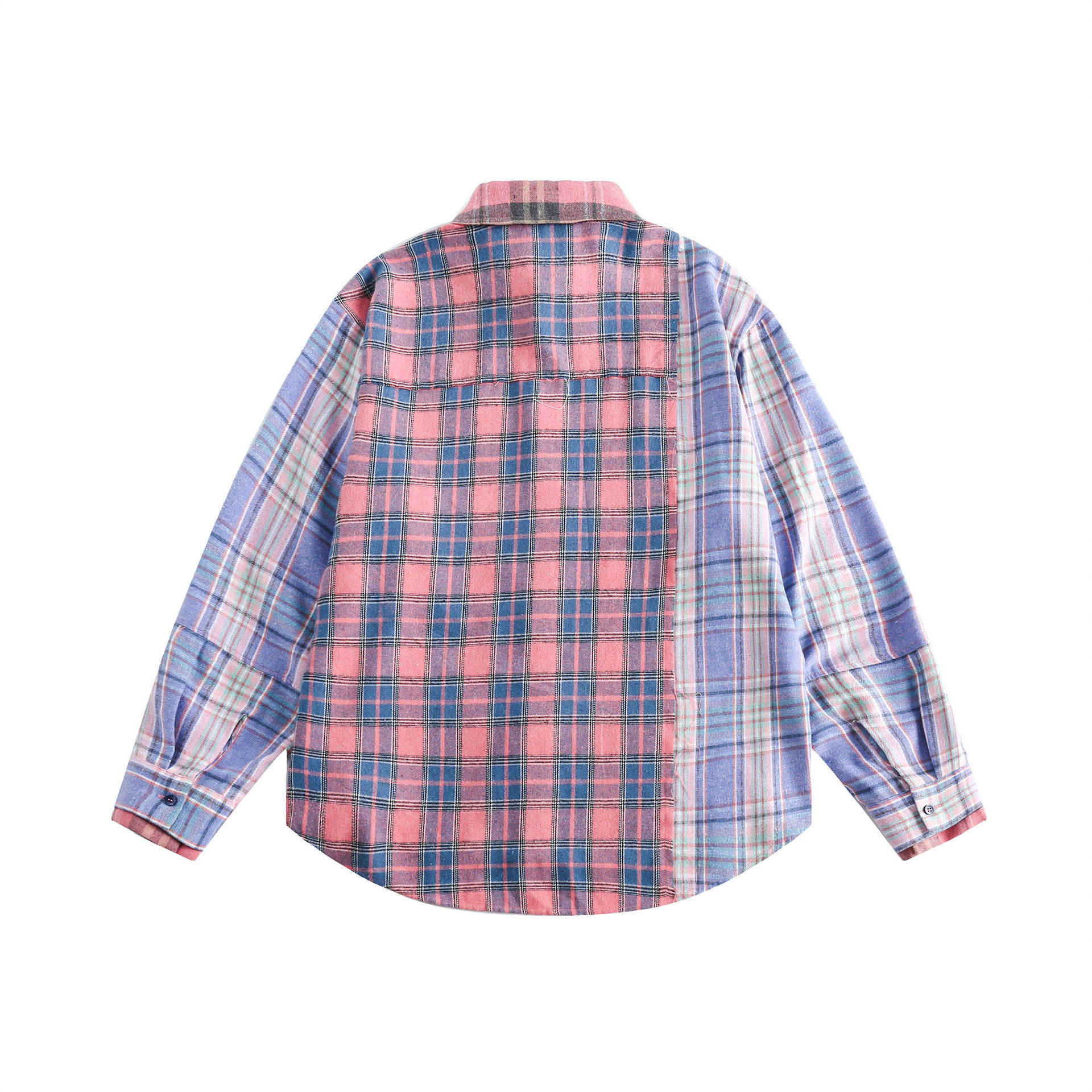 GorgeousBen  Unisex 2024 new spring color-blocked plaid splicing long-sleeve shirt for men, trendy loose fit with a design sense of casual couple's outerwear.