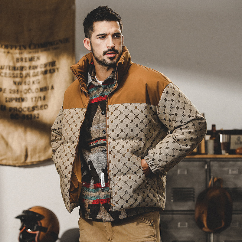 GorgeousBen  Men's American-style jacquard plaid down jacket for men in winter, loose and trendy with contrasting colors and high-end feel, thickened coat.