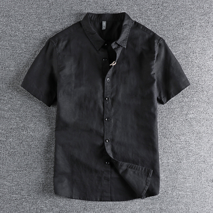 GrogeousBen  Men's Fresh retro solid color linen cotton short-sleeved shirt men's daily versatile washed comfortable shirt.