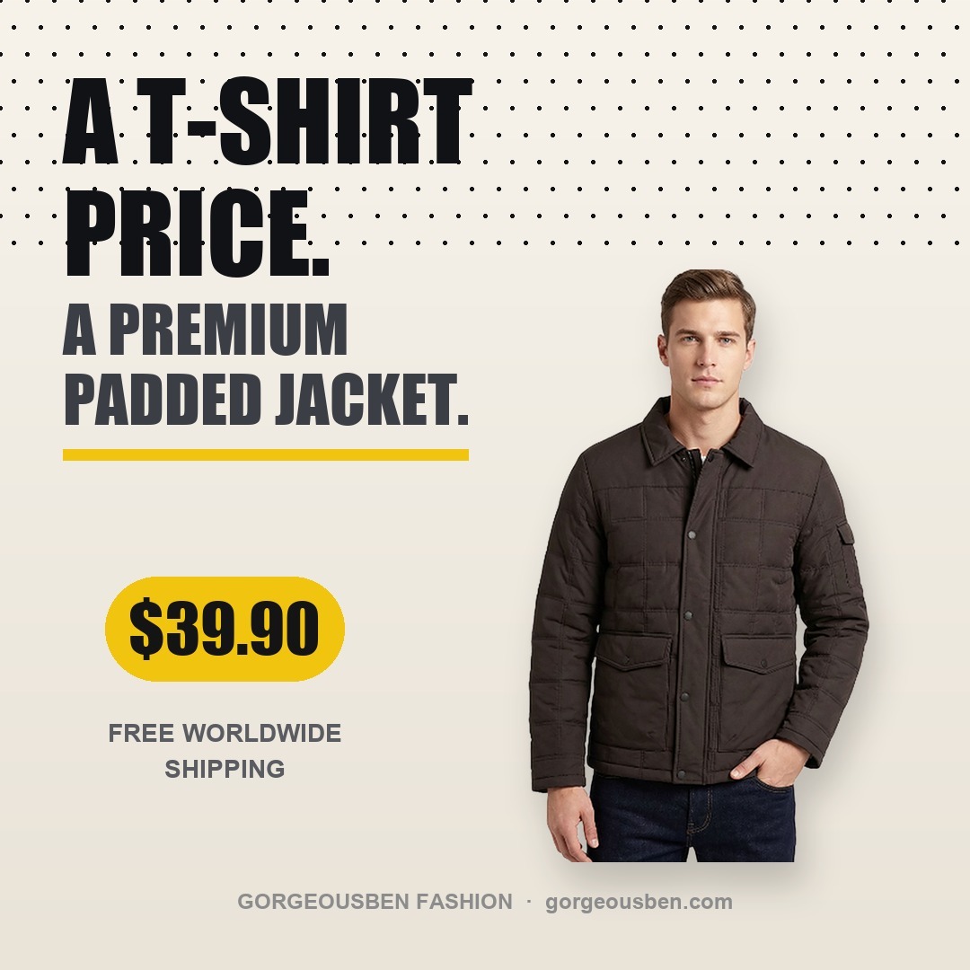 GBJ03 Men's Quilted Padded Jacket Celebrate GORGEOUSBEN FASHION's 5th Anniversary,Special price $39.90 with FREE worldwide shipping. First come, first served!