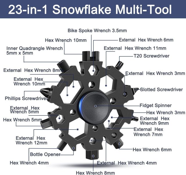 HOBBYSKY Skateboard Tool Snowflake Multitool, 23-in-1 Snowflake Multi Tool with Fidget Spinners Function, Portable Snowflake Tool
