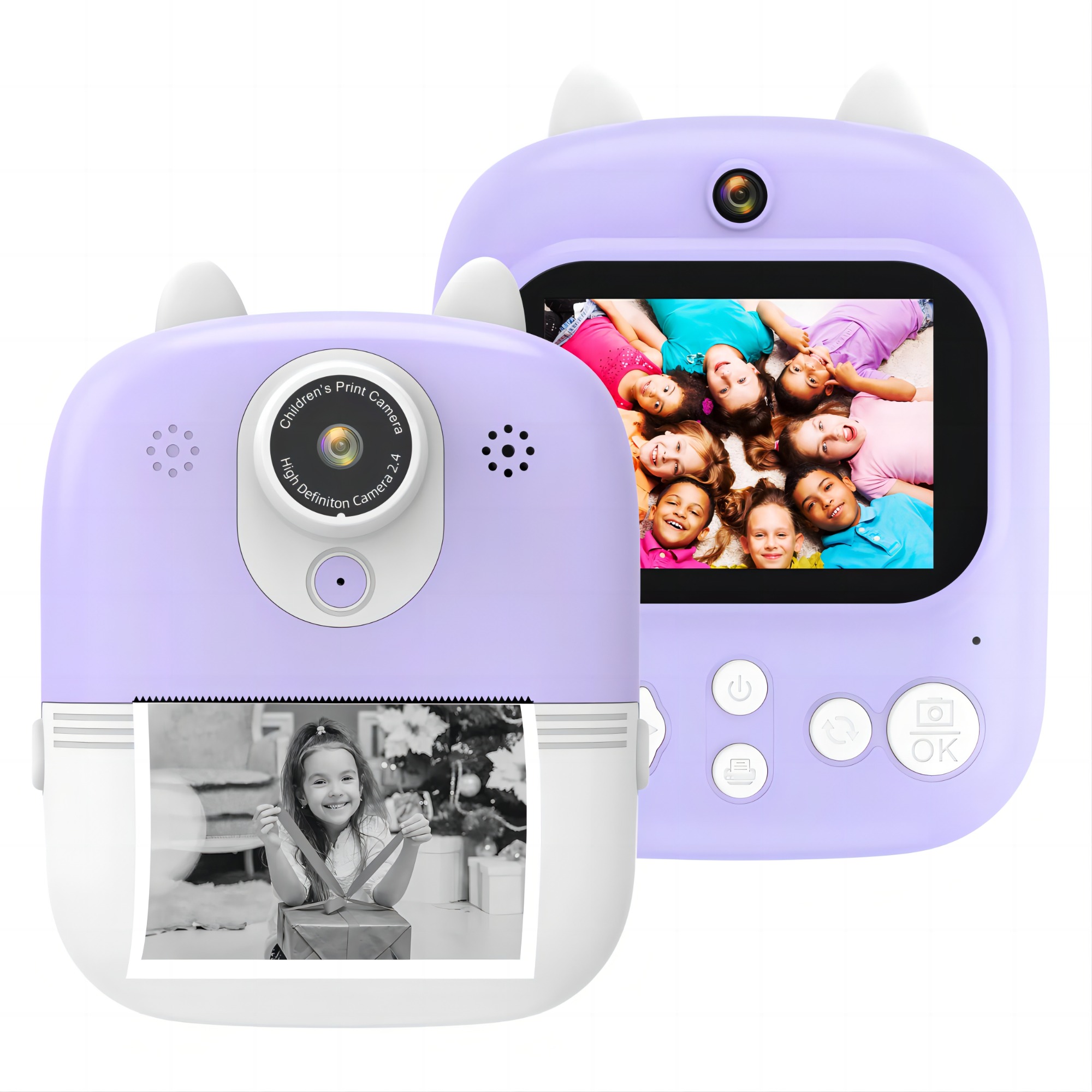 Front and real dual camera 12mp lens kid camera games toys P2 selfie camera instant ink-free print with 2.4 inch LCD for kids
