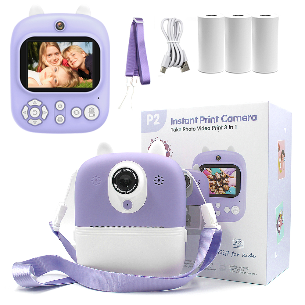 Front and real dual camera 12mp lens kid camera games toys P2 selfie camera instant ink-free print with 2.4 inch LCD for kids