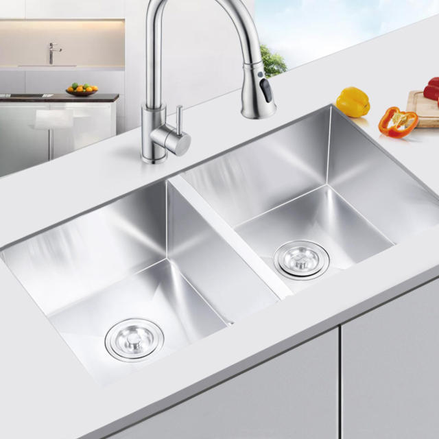 HE3720 Stainless Steel 37 in. Double Bowl Undermount Handmade Kitchen Sink Without Workstation