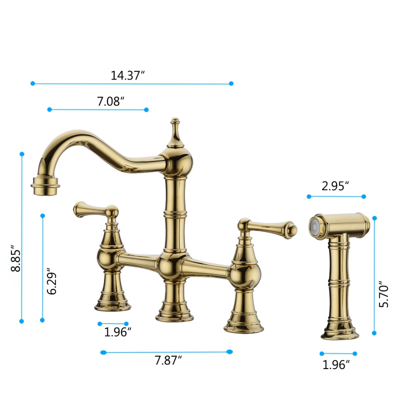 HKQ7006TGA  Bridge Dual Handles Kitchen Faucet With Pull-Out Side Spray in