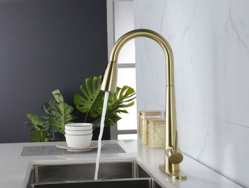 K-4012-BG/ K-4012-MB/ K-4012-NS Gold Kitchen Faucets with Pull Down Sprayer, Kitchen Sink Faucet with Pull Out Sprayer, Fingerprint Resistant, Single Hole Deck Mount, Single Handle Copper Kitchen Faucet,