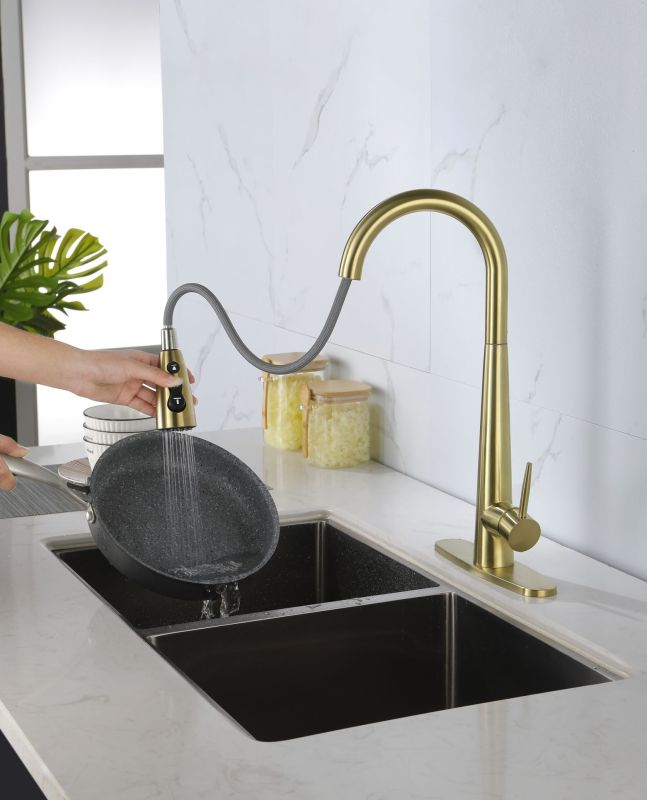 K-4012-BG/ K-4012-MB/ K-4012-NS Gold Kitchen Faucets with Pull Down Sprayer, Kitchen Sink Faucet with Pull Out Sprayer, Fingerprint Resistant, Single Hole Deck Mount, Single Handle Copper Kitchen Faucet,