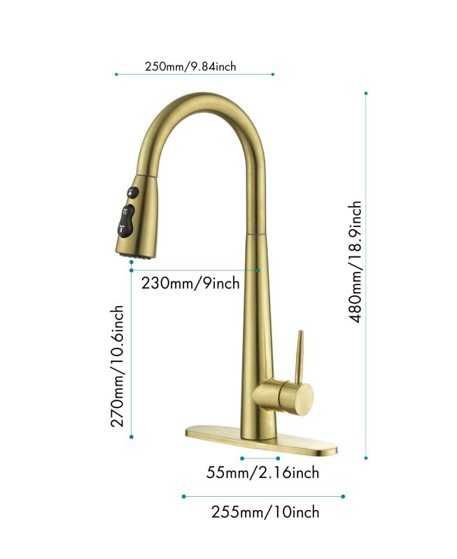 K-4012-BG/ K-4012-MB/ K-4012-NS Gold Kitchen Faucets with Pull Down Sprayer, Kitchen Sink Faucet with Pull Out Sprayer, Fingerprint Resistant, Single Hole Deck Mount, Single Handle Copper Kitchen Faucet,