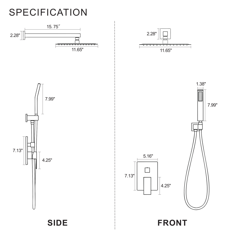 USA-SH-008 12 "square two-function chrome shower set