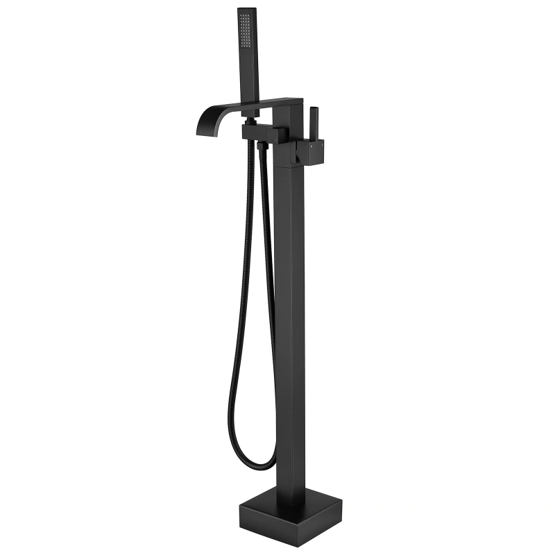 W123247696 Single-Handle Freestanding Floor Mount Roman Tub Faucet Bathtub Filler with Hand Shower in Matte Black