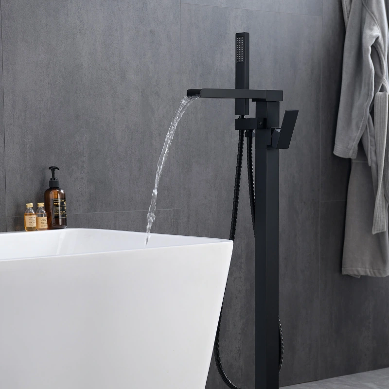 W123247698 Single-Handle Freestanding Floor Mount Roman Tub Faucet Bathtub Filler with Hand Shower in Matte Black