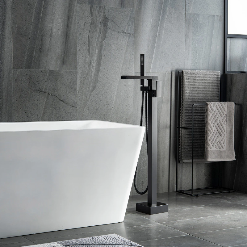 W123247698 Single-Handle Freestanding Floor Mount Roman Tub Faucet Bathtub Filler with Hand Shower in Matte Black