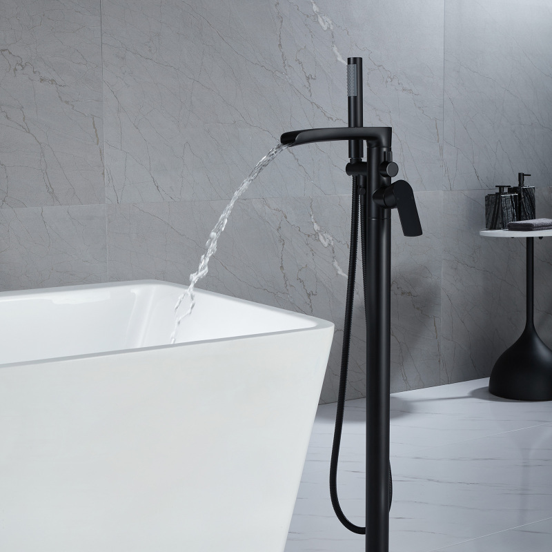 W123247711 Single-Handle Freestanding Floor Mount Roman Tub Faucet Bathtub Filler with Hand Shower in Matte Black