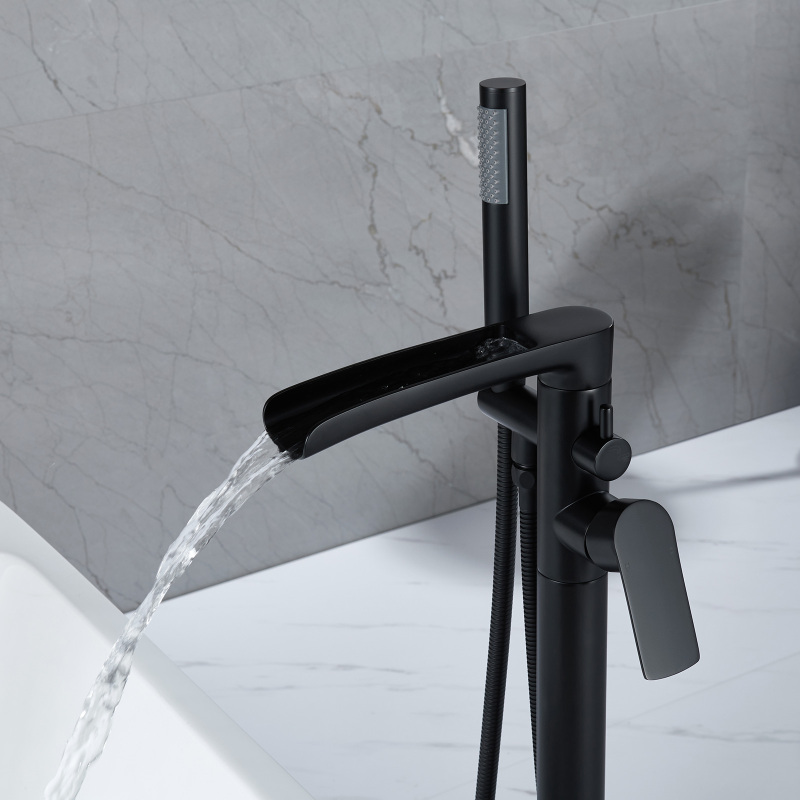 W123247711 Single-Handle Freestanding Floor Mount Roman Tub Faucet Bathtub Filler with Hand Shower in Matte Black