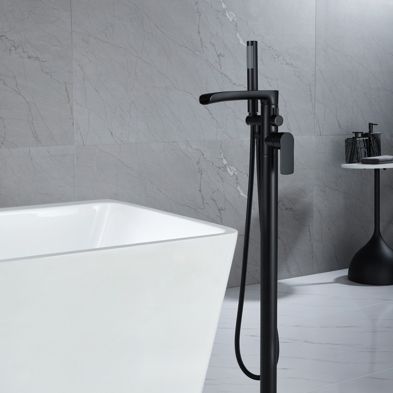 W123247711 Single-Handle Freestanding Floor Mount Roman Tub Faucet Bathtub Filler with Hand Shower in Matte Black
