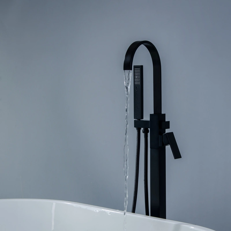 W123247738 Single-Handle Freestanding Floor Mount Roman Tub Faucet Bathtub Filler with Hand Shower in Matte Black