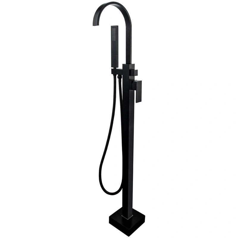 W123247738 Single-Handle Freestanding Floor Mount Roman Tub Faucet Bathtub Filler with Hand Shower in Matte Black