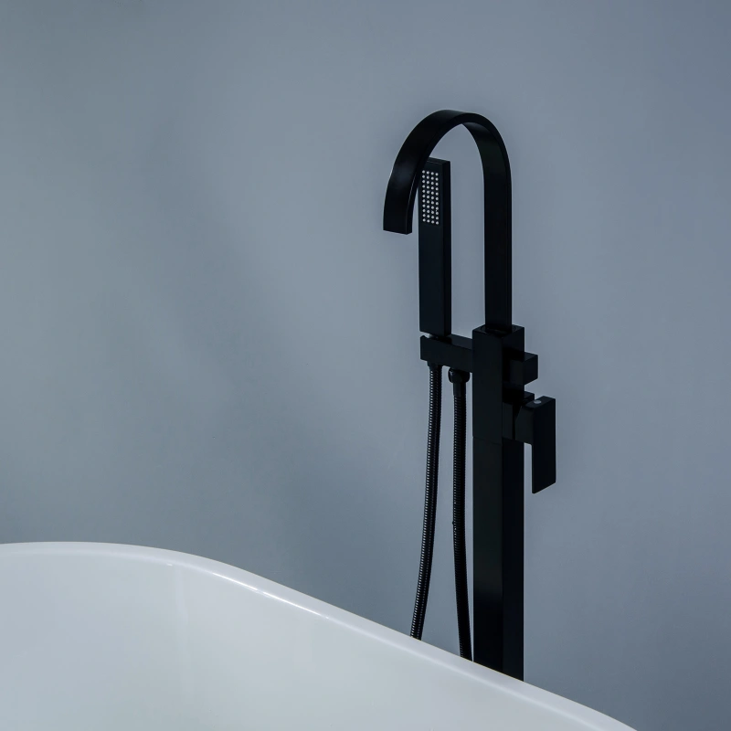 W123247738 Single-Handle Freestanding Floor Mount Roman Tub Faucet Bathtub Filler with Hand Shower in Matte Black