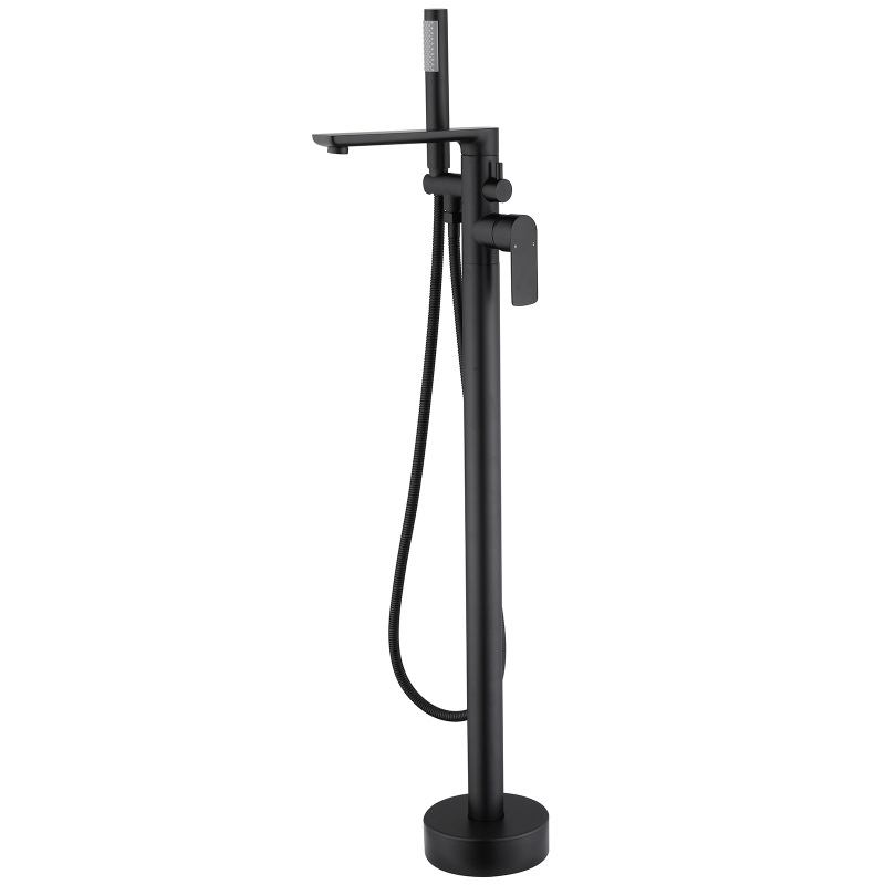 W123247744 Single-Handle Freestanding Floor Mount Roman Tub Faucet Bathtub Filler with Hand Shower in Matte Black