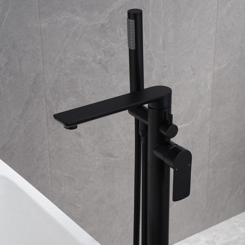 W123247744 Single-Handle Freestanding Floor Mount Roman Tub Faucet Bathtub Filler with Hand Shower in Matte Black