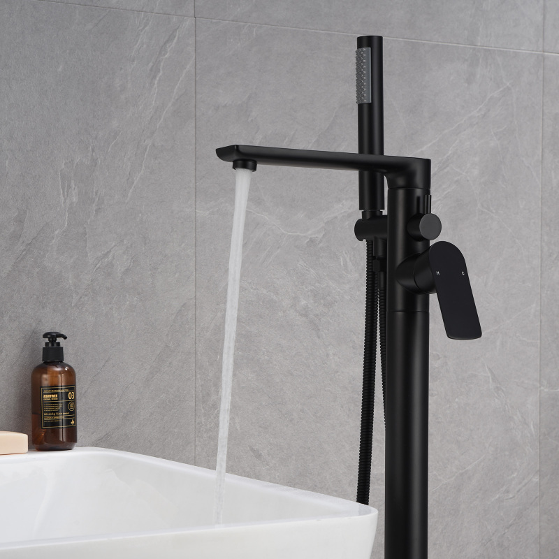 W123247744 Single-Handle Freestanding Floor Mount Roman Tub Faucet Bathtub Filler with Hand Shower in Matte Black