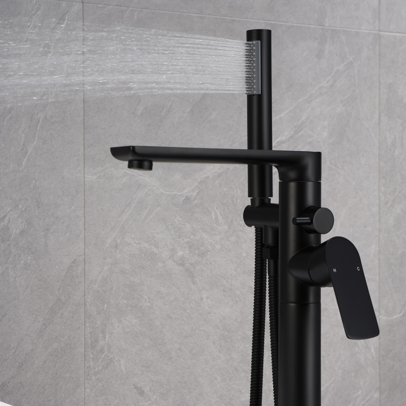 W123247744 Single-Handle Freestanding Floor Mount Roman Tub Faucet Bathtub Filler with Hand Shower in Matte Black