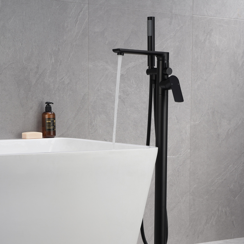 W123247744 Single-Handle Freestanding Floor Mount Roman Tub Faucet Bathtub Filler with Hand Shower in Matte Black