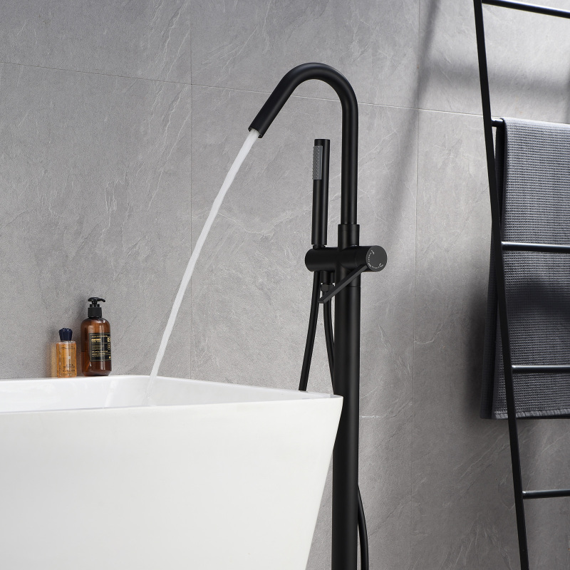 W123247746 Single-Handle Freestanding Floor Mount Roman Tub Faucet Bathtub Filler with Hand Shower in Matte Black