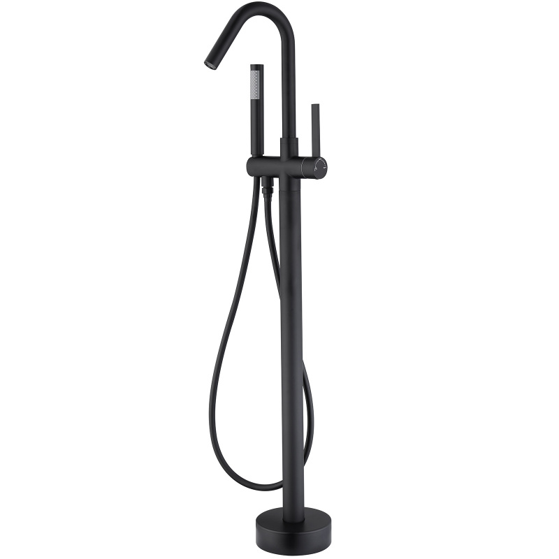 W123247746 Single-Handle Freestanding Floor Mount Roman Tub Faucet Bathtub Filler with Hand Shower in Matte Black