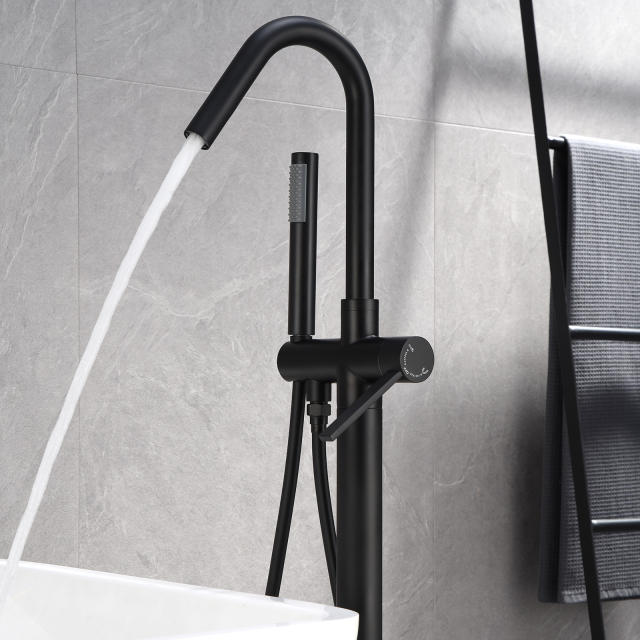 W123247746 Single-Handle Freestanding Floor Mount Roman Tub Faucet Bathtub Filler with Hand Shower in Matte Black