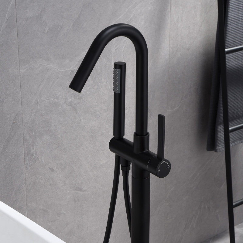 W123247746 Single-Handle Freestanding Floor Mount Roman Tub Faucet Bathtub Filler with Hand Shower in Matte Black