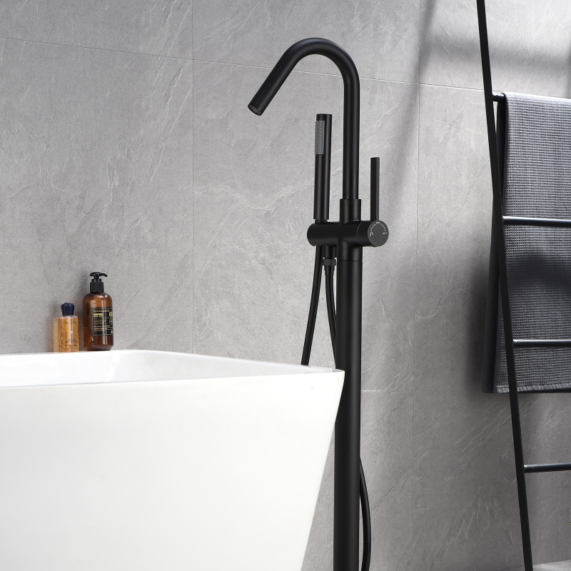 W123247746 Single-Handle Freestanding Floor Mount Roman Tub Faucet Bathtub Filler with Hand Shower in Matte Black