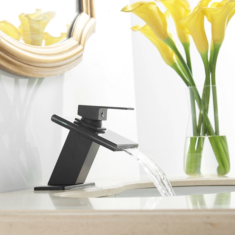 HK12-3243767 Waterfall Single Hole Single-Handle Low-Arc Bathroom Faucet With Glass Spout In Matte Black