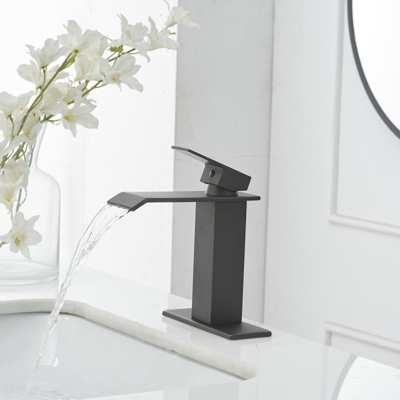 HK12-3246240 Waterfall Single Hole Single-Handle Low-Arc Bathroom Faucet With Supply Line in Matte Gray