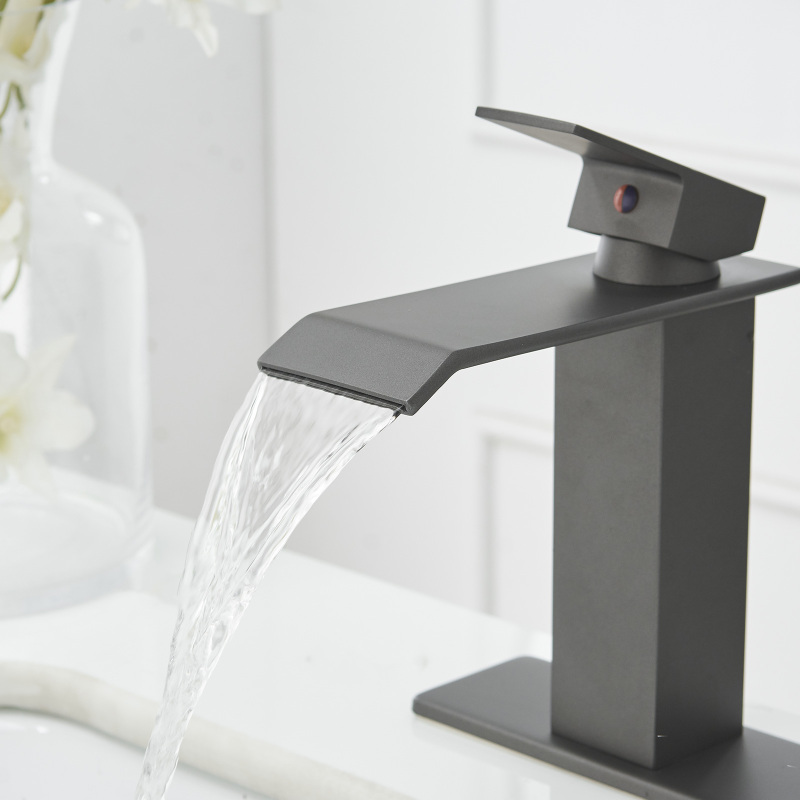HK12-3246240 Waterfall Single Hole Single-Handle Low-Arc Bathroom Faucet With Supply Line in Matte Gray