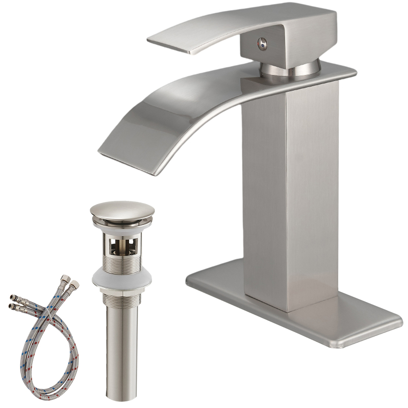 HK12-3246852 Waterfall Single Hole Single-Handle Low-Arc Bathroom Faucet With Pop-up Drain Assembly in Brushed Nickel